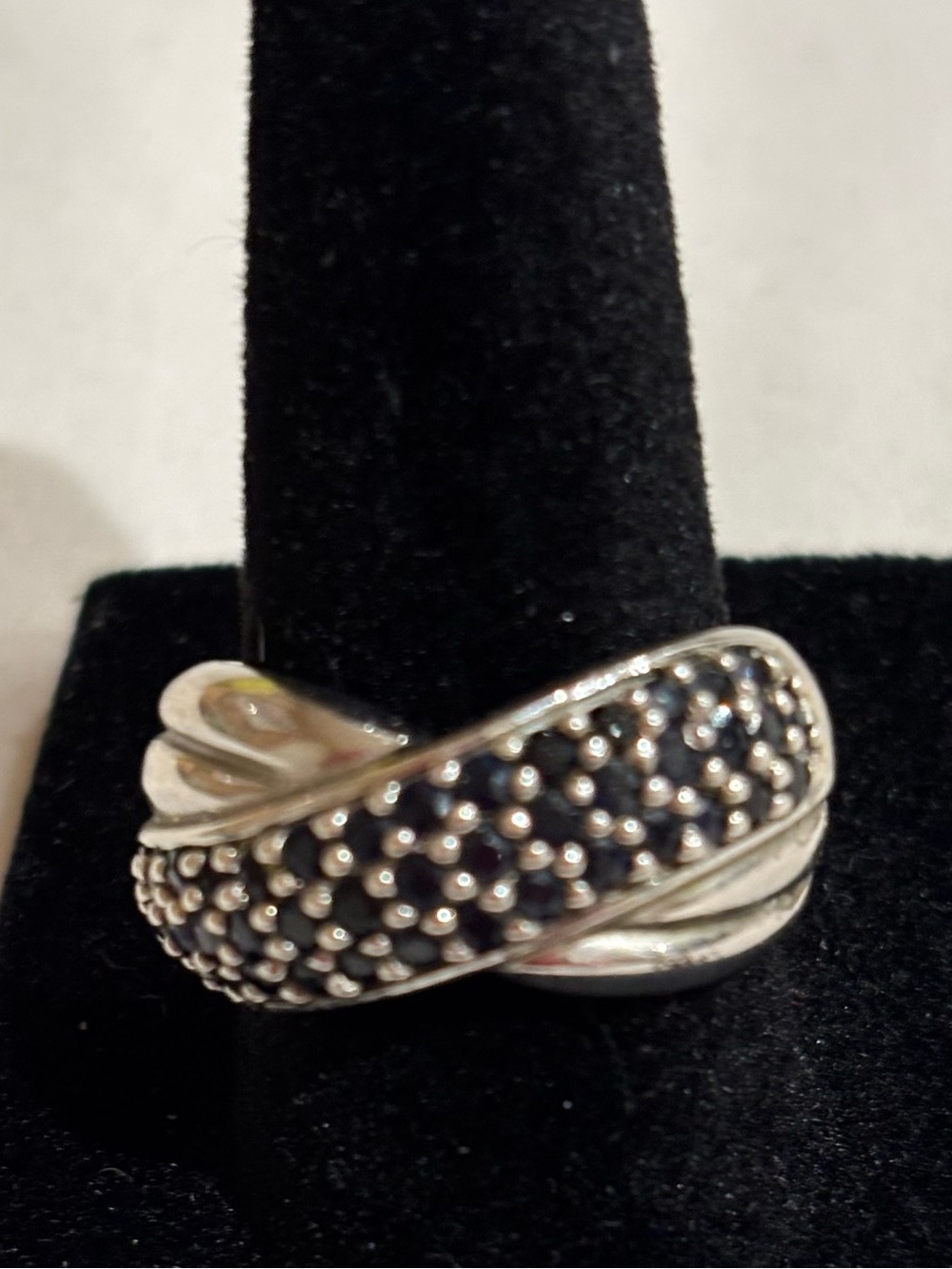 Vintage sterling silver ring featuring 40 natural blue sapphires